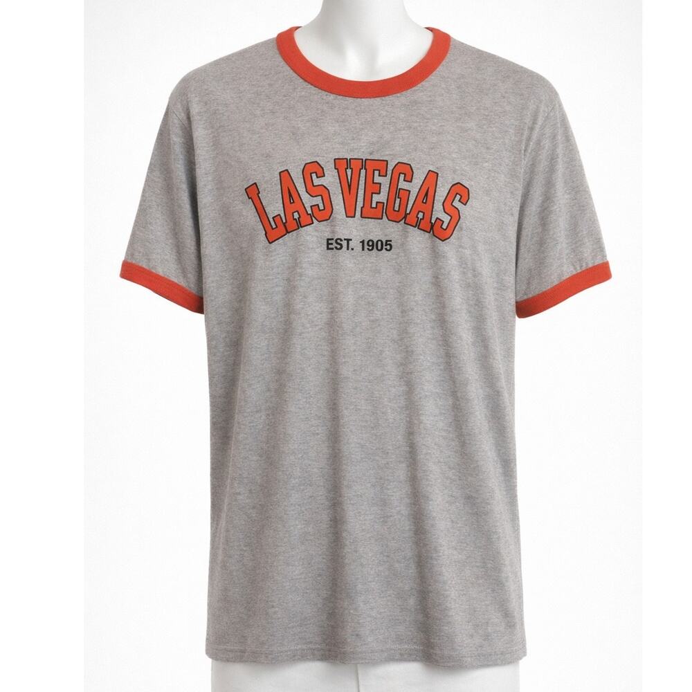 L.A.T Sport Ringer T Shirt Mens L Gray Orange Trim Las Vegas Graphic Y2K Retro